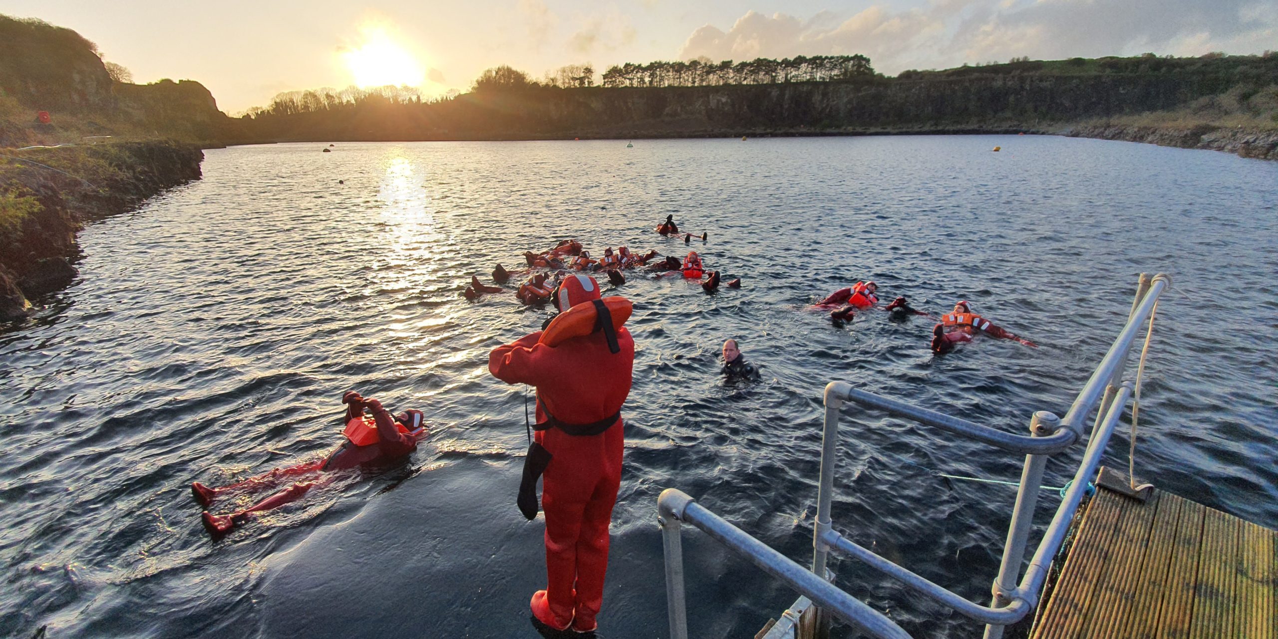 Water entry during an STCW Personal Survival Techniques course at South West Maritime Academy STCW Personal Survival techniques